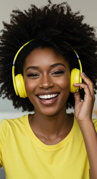 A young black lady in a yellow shirt with yellow headphones and smiling #3