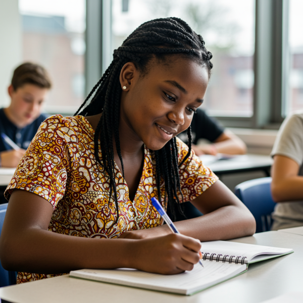 A young black female student writing in class #2