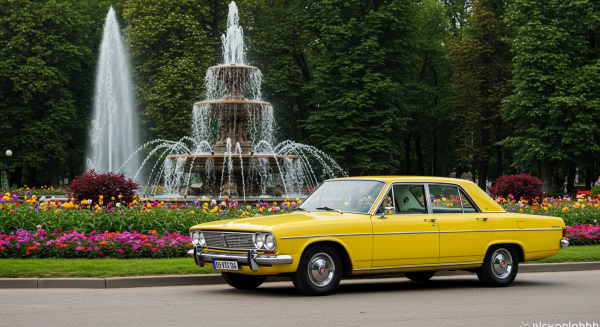 A yellow car parked by a fountain #3