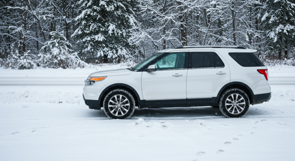 A white SUV parked on the road on a snowy day #2