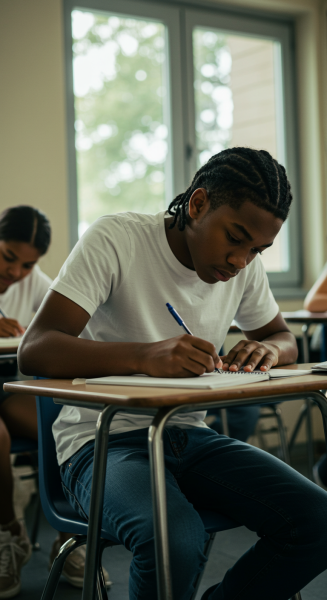 A young black male student writing in class #1