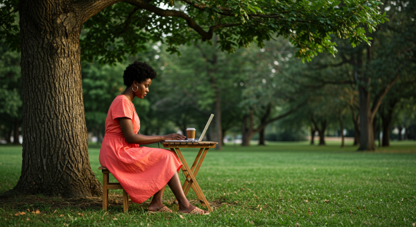 A black lady working on her laptop under a tree #2