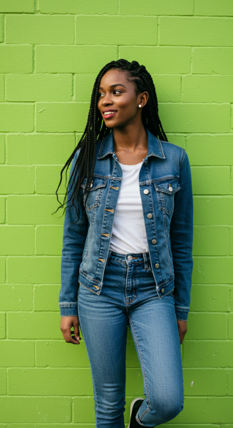 A young black woman standing by a green wall #2