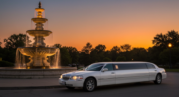 A white wedding limousine parked by a fountain at dusk #1
