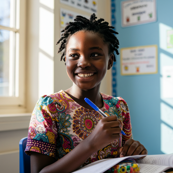 A young black female student holding her pen and smiling #1