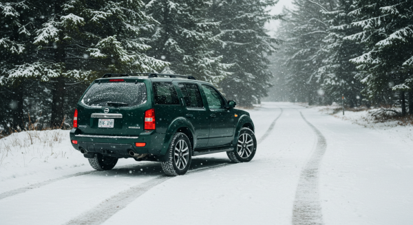 A green SUV parked on the road on a snowy day #1
