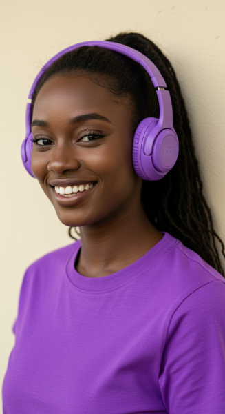 A young black lady in a purple shirt with purple headphones and smiling #1