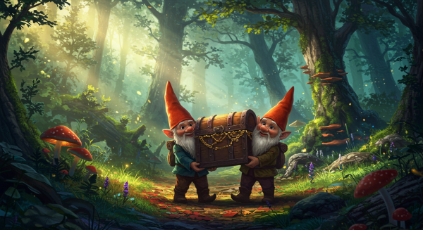 Two mischievous gnomes carrying a treasure chest through an enchanted forest #1