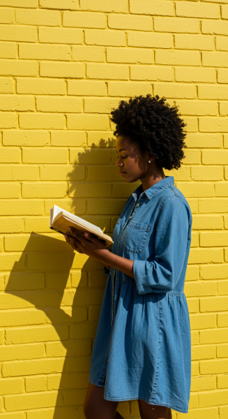 A young black woman reading a book while standing by a yellow brick wall #2