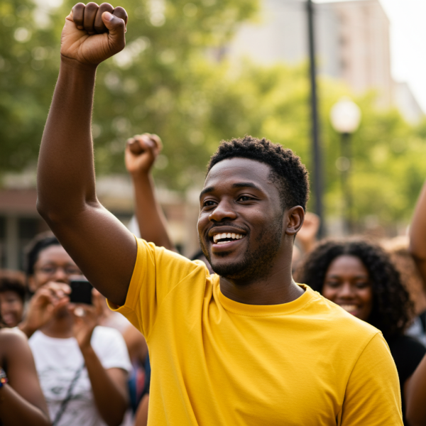 A happy black man in a yellow shirt with a fist and smiling #1