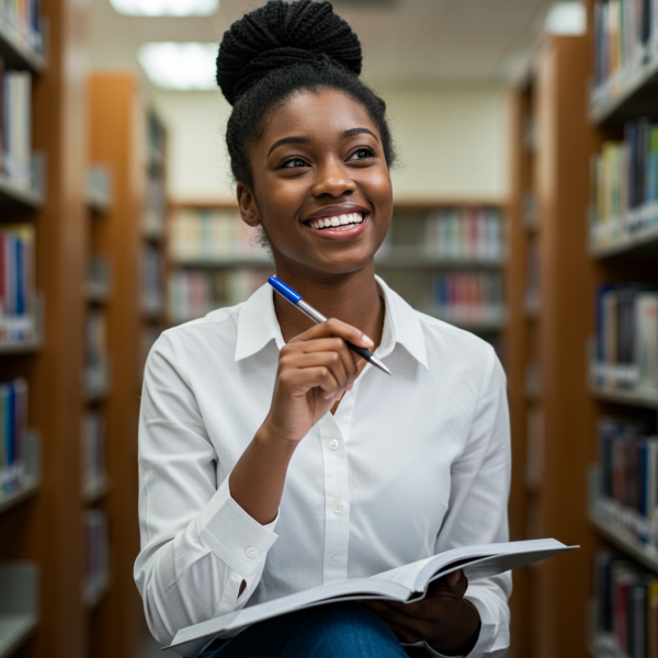 A young black female student holding her pen and smiling #4