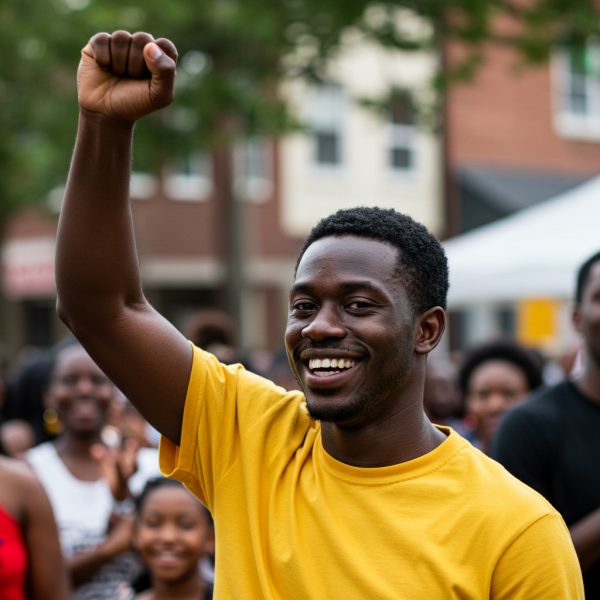 A happy black man in a yellow shirt with a fist and smiling #4