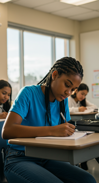 A young black female student writing in class #4