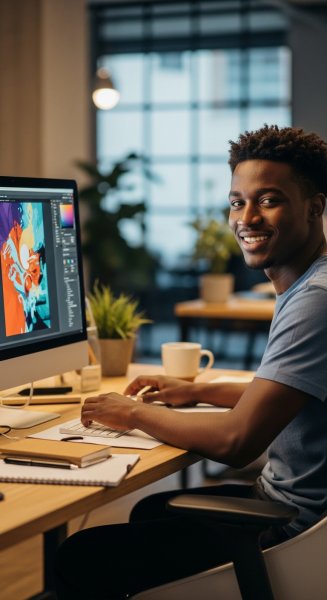 A young African man sitting behind his computer and smiling #3
