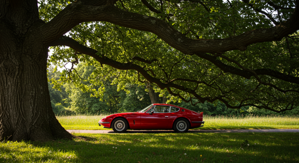 A red vintage car parked under a tree #6