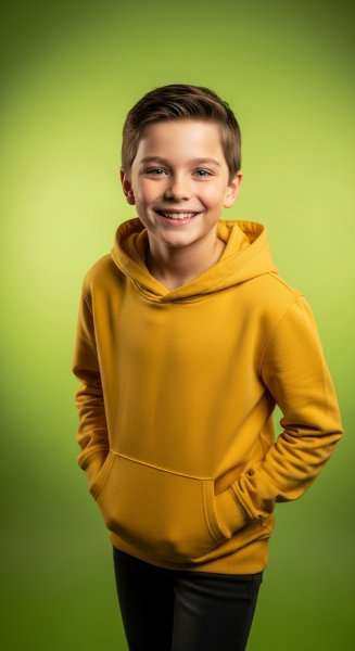 Happy boy in casual hoodie posing in front of a vibrant green backdrop #2