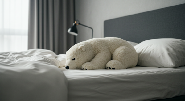 Fuzzy polar bear plushie sleeping in a minimalist modern apartment bed #2