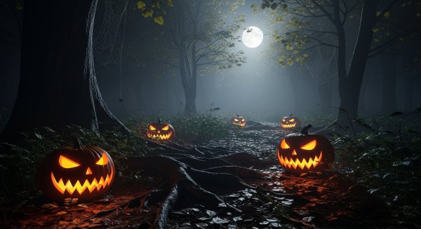 Creepy Halloween pumpkins glowing in the dark forest with mist and moonlight #1