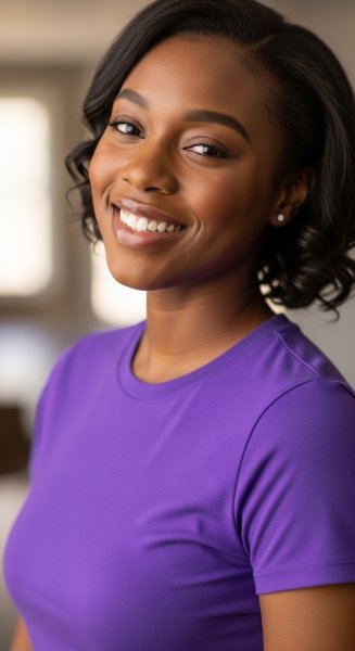 A young black woman in a purple shirt smiling #2