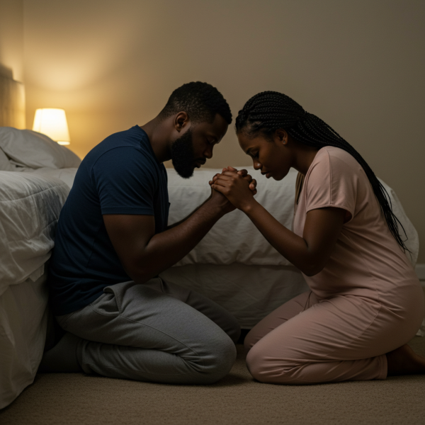 A black man and a black woman on their knees, praying by their bed #2
