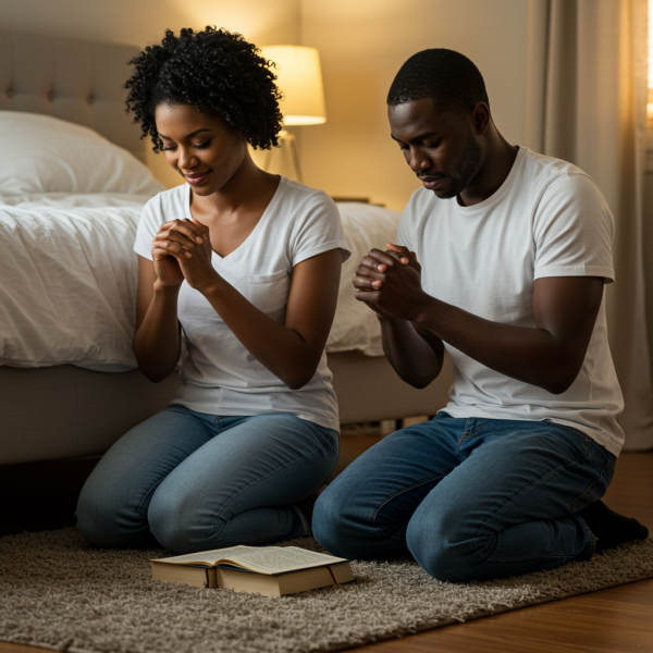 A black man and a black woman on their knees, praying by their bed #1