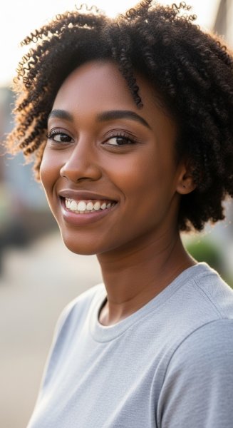 A young black woman in a grey shirt smiling #4