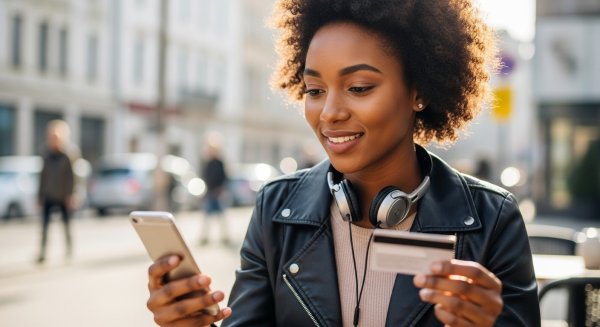 A young, pretty African lady looking down on her phone with a card and headset #1