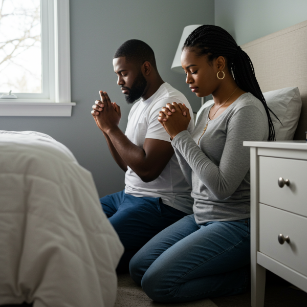A black man and a black woman on their knees, praying by their bed #2