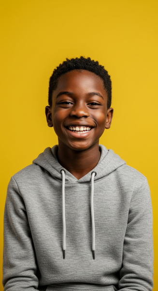 Happy black boy in casual hoodie posing in front of a vibrant yellow backdrop #2