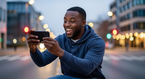 A black man holding his phone and feeling excited #2