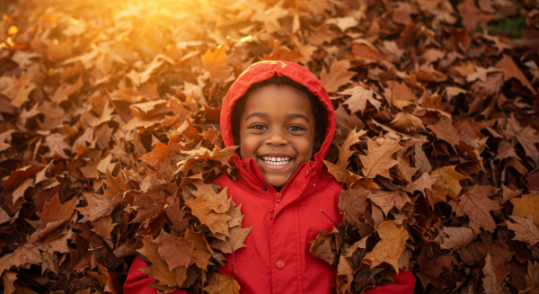 Overhead shot of a black kid smiling in red rain jacket and lying in a pile of fall leaves #2