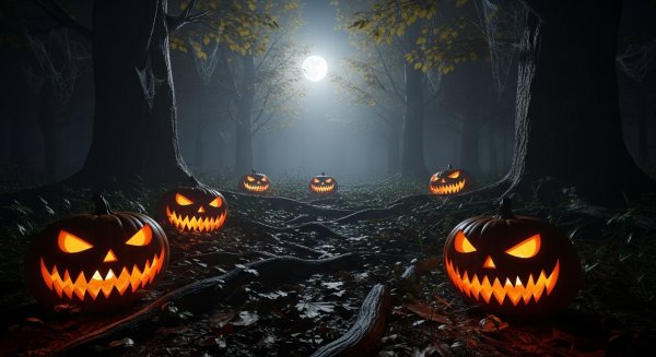 Creepy Halloween pumpkins glowing in the dark forest with mist and moonlight #4