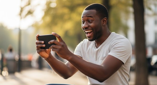 A black man holding his phone and feeling excited #4