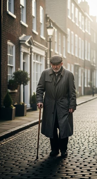A white old man with a stick walking on a quiet street #2