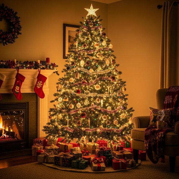 Beautifully decorated Christmas tree with glowing lights and presents #3