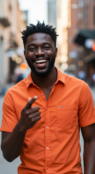 A happy black man in an orange shirt saying yes #3