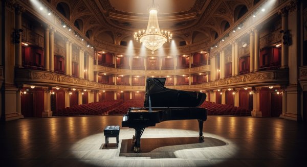 Grand piano in a luxurious concert hall with dramatic stage lighting #3