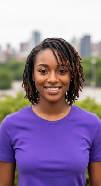 A young black woman in a purple shirt smiling #1