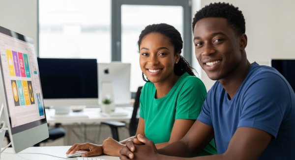 A young black man and woman sitting behind a computer, smiling #1