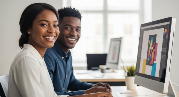 A young black man and woman sitting behind a computer, smiling #4