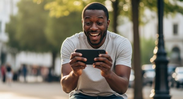 A black man holding his phone and feeling excited #2