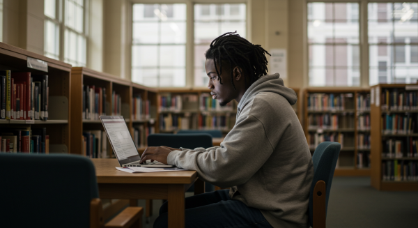 A black male student in a white shirt sitting behind a laptop in a library