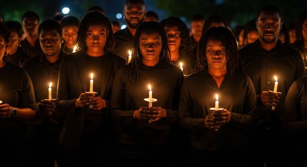 A group of black people in black attire at a night vigil with candlelight #2