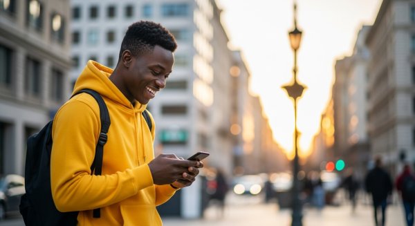 A young black man in a yellow hoodie, looking very happy with his phone #4