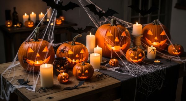 Halloween decorations with pumpkins, candles, bats, and spider webs on rustic wooden table #1
