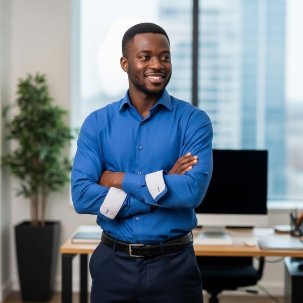 A young happy African man in a blue shirt standing in his office and smiling #3