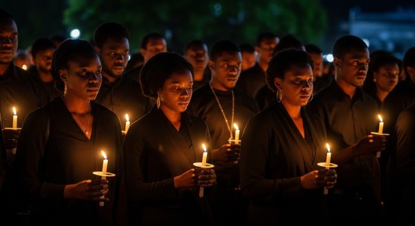 A group of black people in black attire at a night vigil with candlelight #4