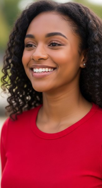 A young black woman in a red shirt smiling #3