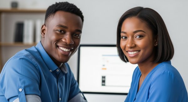 A young black man and woman in a blue shirt sitting behind a computer, smiling #3