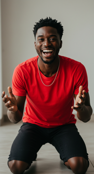 A happy black man in a red shirt on his knees saying yes #2